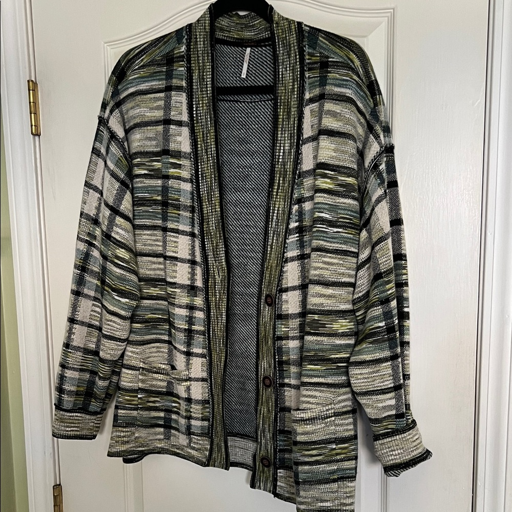 NWOT Free People Textured Knit Cardigan in Black, Green and Cream.  Very cozy.